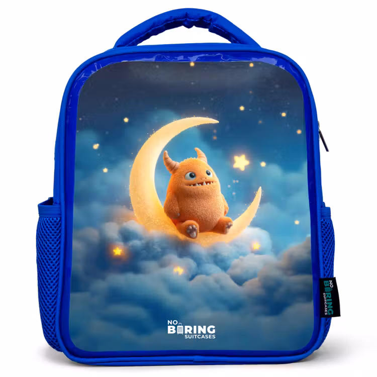 Kinderrucksack - Blau - Orangefarbenes Ungeheuer auf Mondsichel — 1