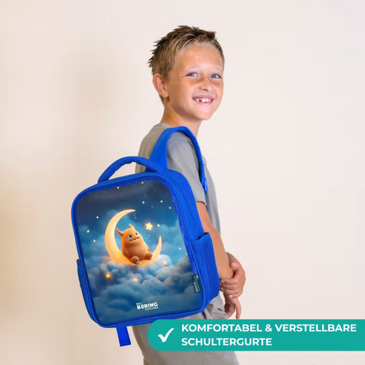 Kinderrucksack - Blau - Orangefarbenes Ungeheuer auf Mondsichel — 5