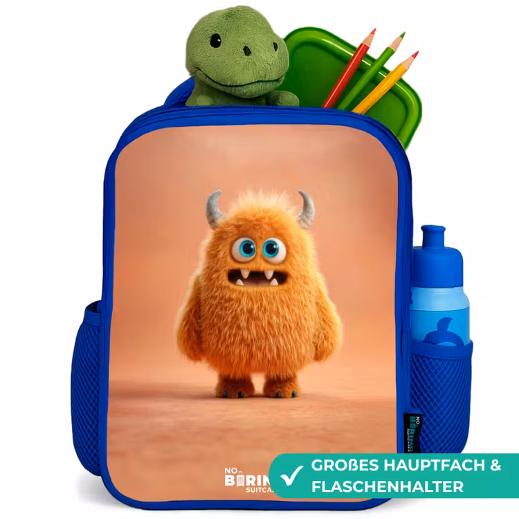 Kinderrucksack - Blau - Orangefarbenes flauschiges Monster mit Hörnern — 3