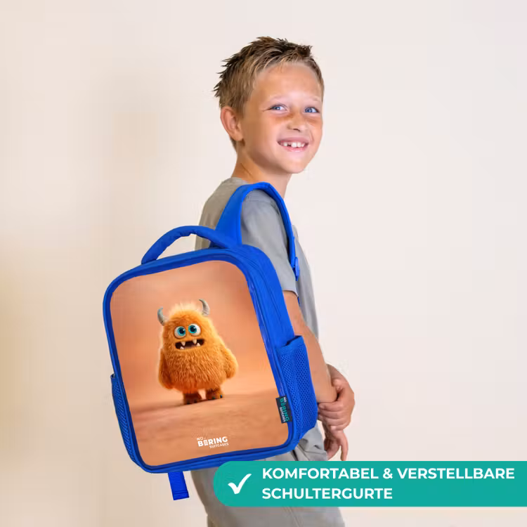 Kinderrucksack - Blau - Orangefarbenes flauschiges Monster mit Hörnern — 5