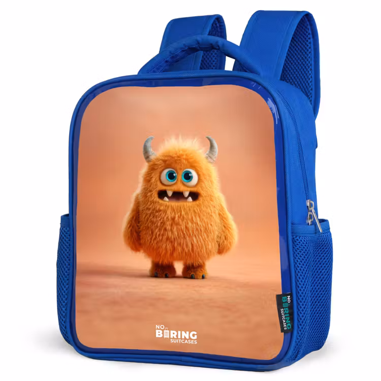 Kinderrucksack - Blau - Orangefarbenes flauschiges Monster mit Hörnern — 7