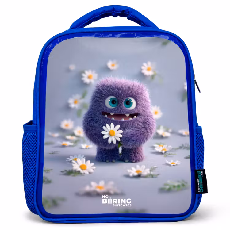Kinderrucksack - Blau - Lila flauschiger Freund mit Gänseblümchen — 1