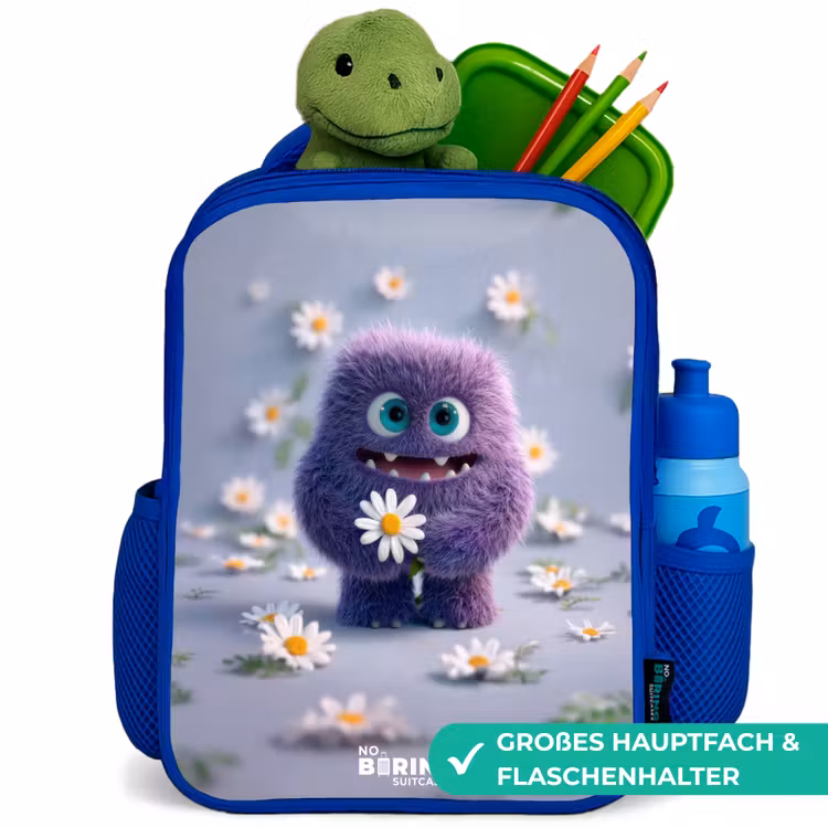 Kinderrucksack - Blau - Lila flauschiger Freund mit Gänseblümchen — 3