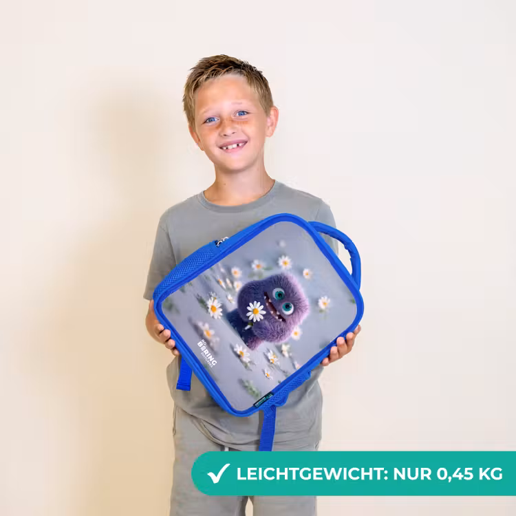 Kinderrucksack - Blau - Lila flauschiger Freund mit Gänseblümchen — 4