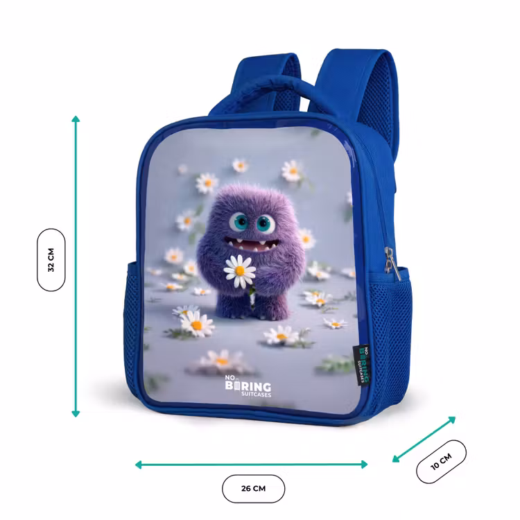 Kinderrucksack - Blau - Lila flauschiger Freund mit Gänseblümchen — 6