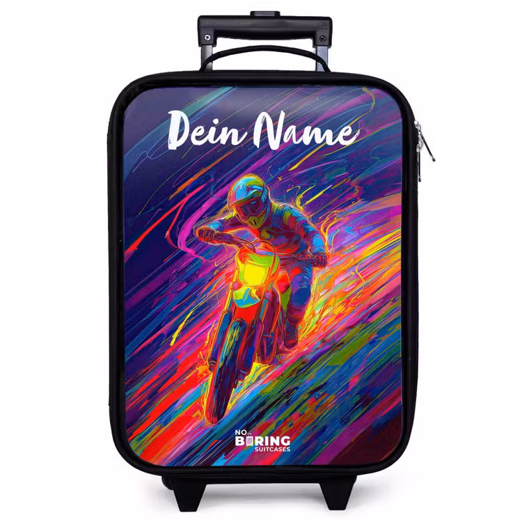 Kinderkoffer mit Name - Crossrad - Neonfarben - Linien - Helm — 1