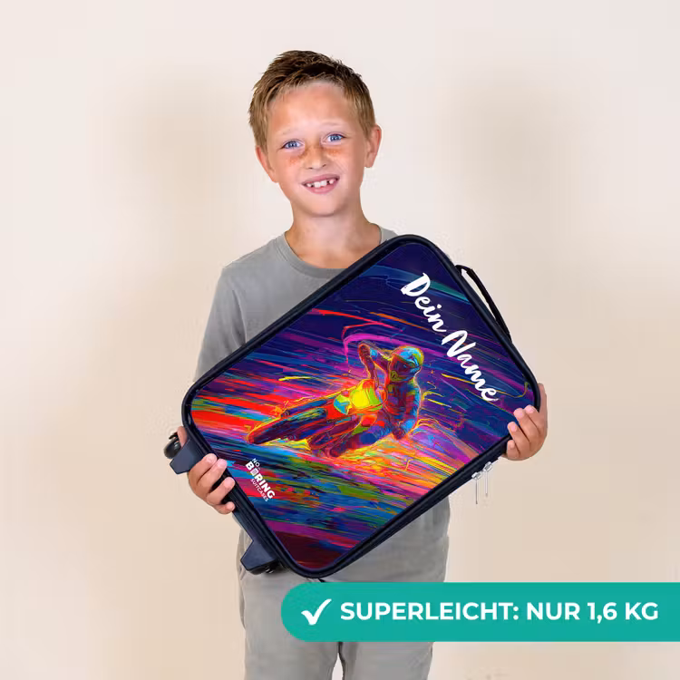 Kinderkoffer mit Name - Crossrad - Neonfarben - Linien - Helm — 2