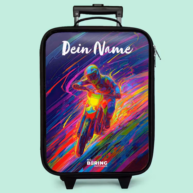 Kinderkoffer mit Name - Crossrad - Neonfarben - Linien - Helm — 3