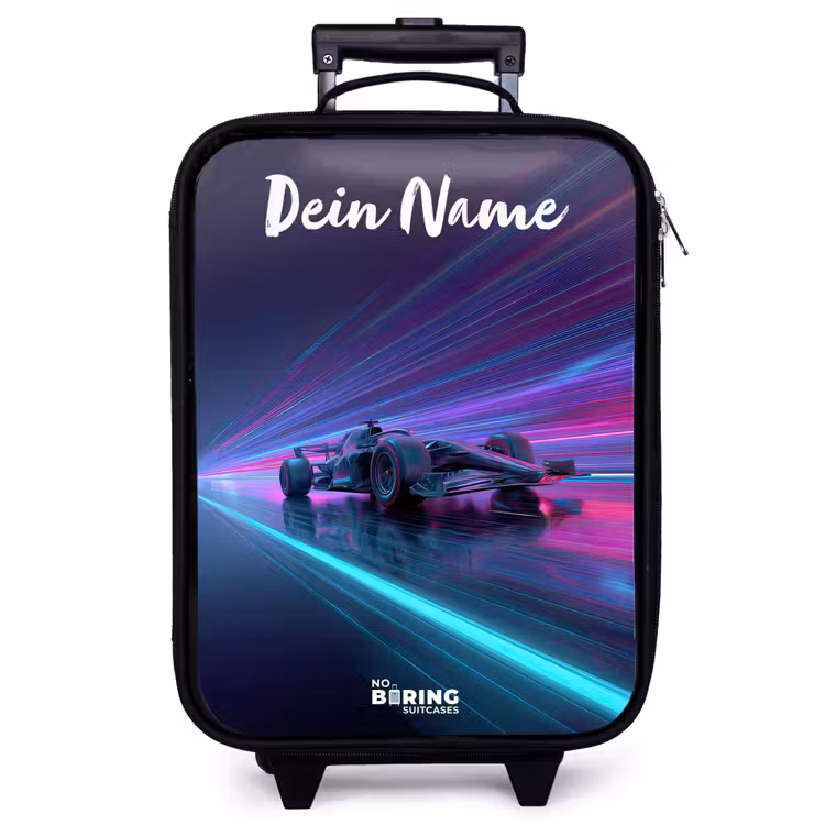 Kinderkoffer mit Name - Lichtbalken - Neon - Rennwagen - Lila — 1