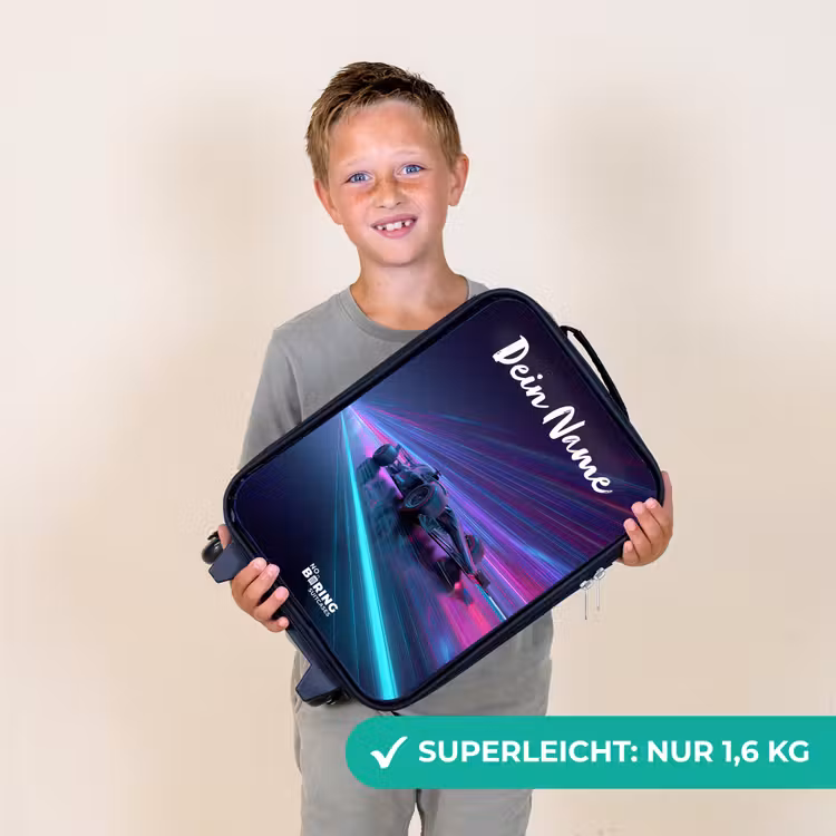 Kinderkoffer mit Name - Lichtbalken - Neon - Rennwagen - Lila — 2