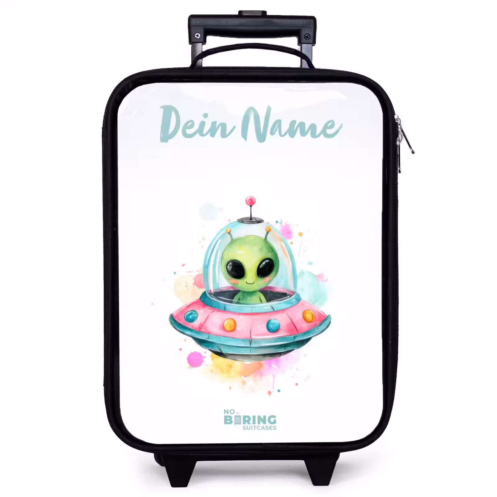 Kinderkoffer mit Name - Grüner Außerirdischer in buntem UFO — 1