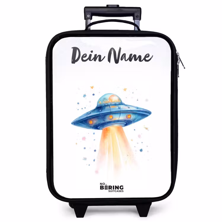 Kinderkoffer mit Name - Blaues Raumschiff mit Lichtstrahl — 1