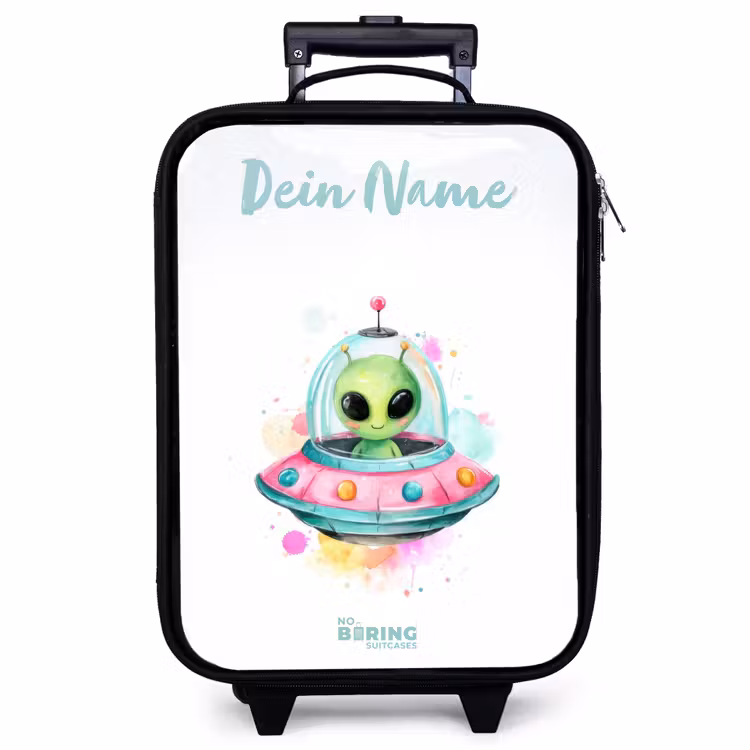 Kinderkoffer mit Name - Grüner Außerirdischer in buntem UFO — 1