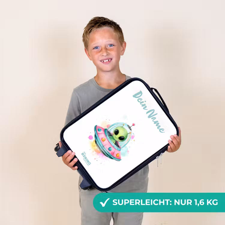 Kinderkoffer mit Name - Grüner Außerirdischer in buntem UFO — 2