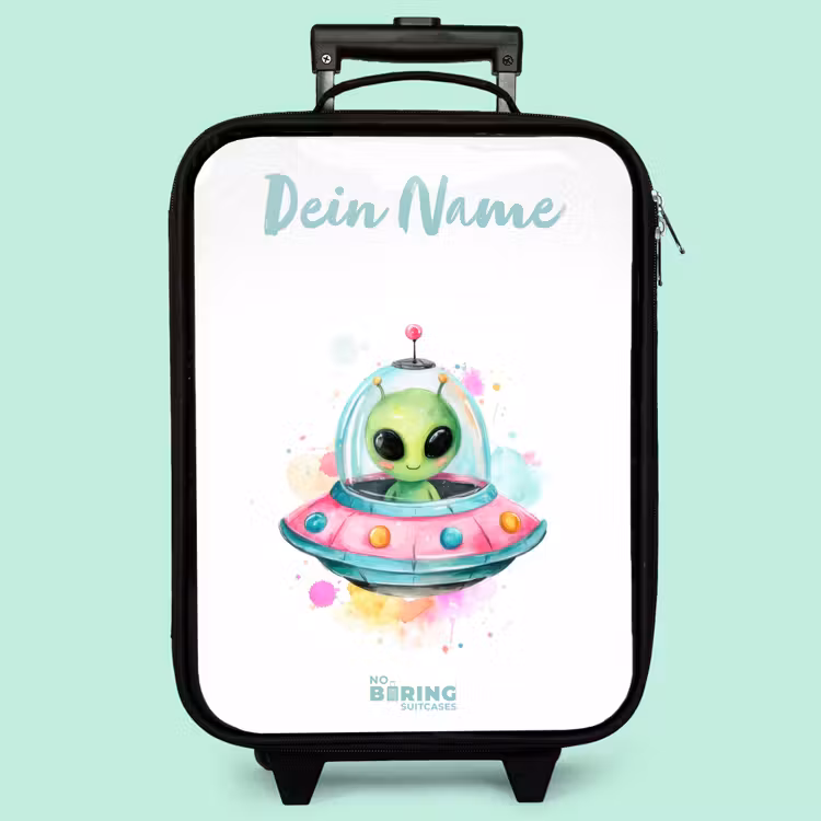 Kinderkoffer mit Name - Grüner Außerirdischer in buntem UFO — 3