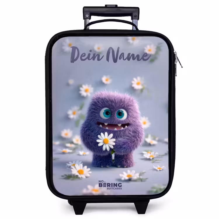 Kinderkoffer mit Name - Lila flauschiger Freund mit Gänseblümchen — 1