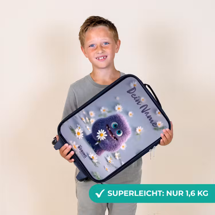 Kinderkoffer mit Name - Lila flauschiger Freund mit Gänseblümchen — 2