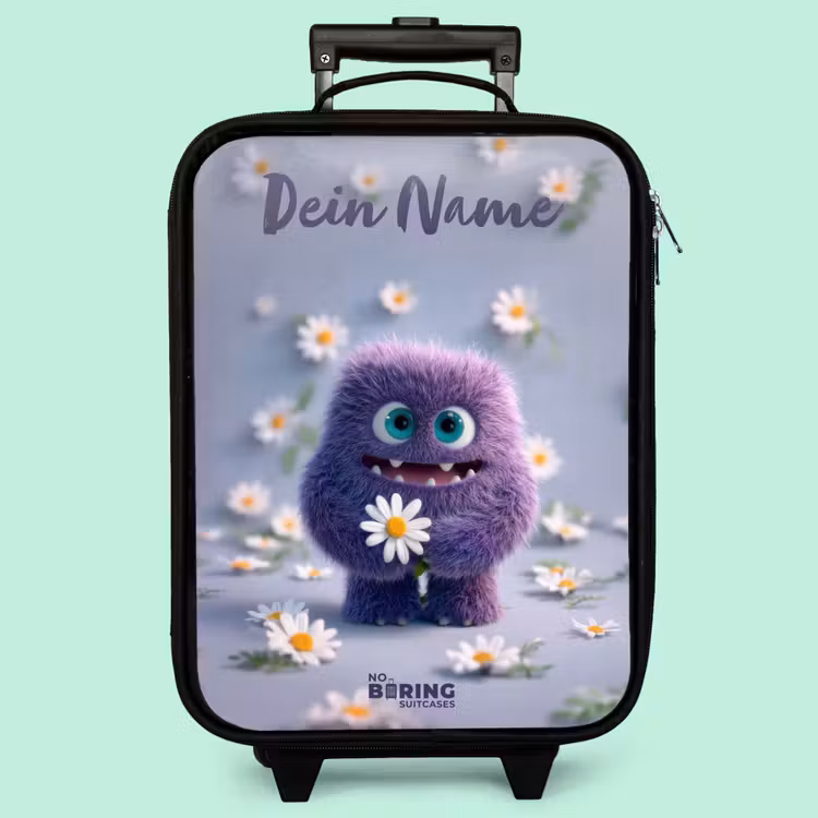 Kinderkoffer mit Name - Lila flauschiger Freund mit Gänseblümchen — 3