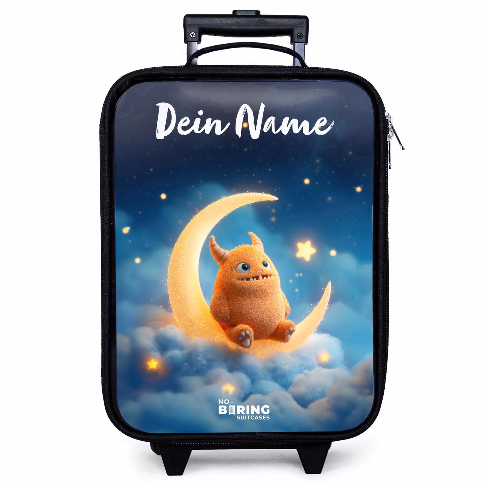 Kinderkoffer mit Name - Orangefarbenes Ungeheuer auf Mondsichel — 1