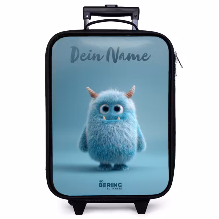 Kinderkoffer mit Name - Blaues Plüschmonster mit Hörnern — 1