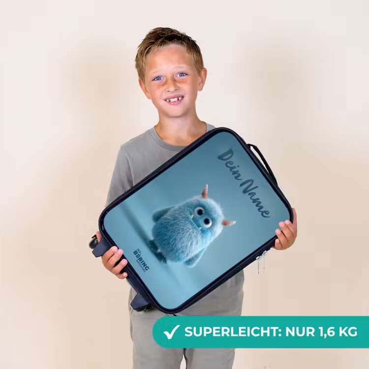Kinderkoffer mit Name - Blaues Plüschmonster mit Hörnern — 2