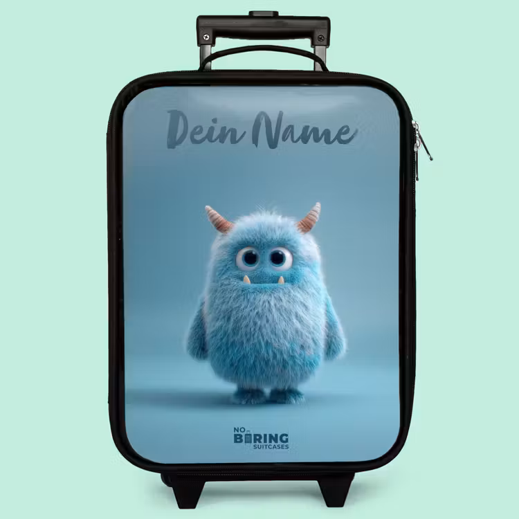 Kinderkoffer mit Name - Blaues Plüschmonster mit Hörnern — 3