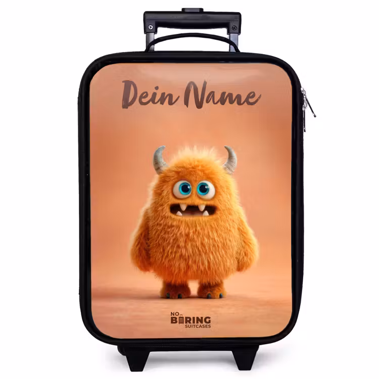 Kinderkoffer mit Name - Orangefarbenes flauschiges Monster mit Hörnern — 1
