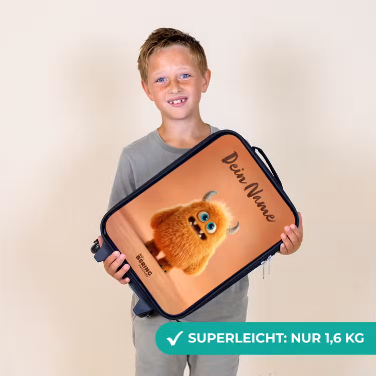 Kinderkoffer mit Name - Orangefarbenes flauschiges Monster mit Hörnern — 2