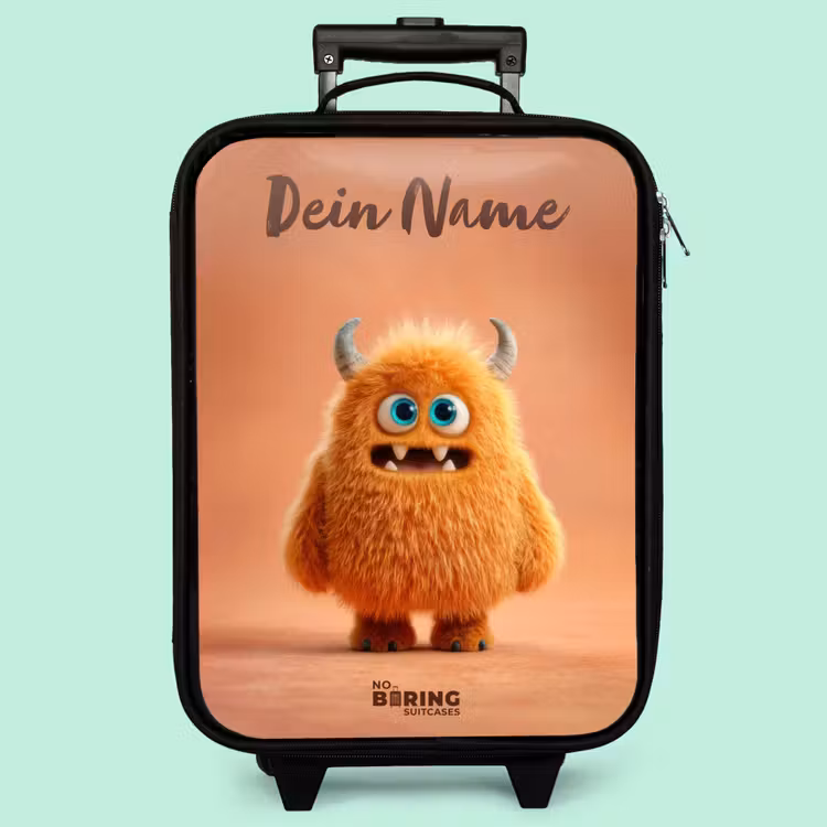 Kinderkoffer mit Name - Orangefarbenes flauschiges Monster mit Hörnern — 3