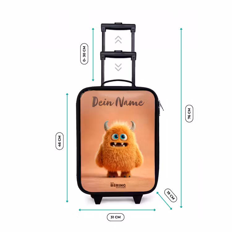 Kinderkoffer mit Name - Orangefarbenes flauschiges Monster mit Hörnern — 7