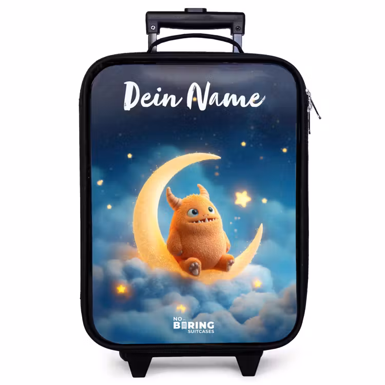Kinderkoffer mit Name - Orangefarbenes Ungeheuer auf Mondsichel — 1
