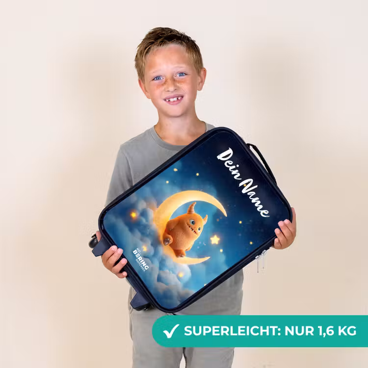 Kinderkoffer mit Name - Orangefarbenes Ungeheuer auf Mondsichel — 2
