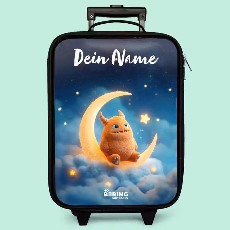Kinderkoffer mit Name - Orangefarbenes Ungeheuer auf Mondsichel — 3