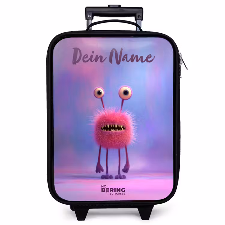 Kinderkoffer mit Name - Rosa pelziges Monster mit großen Augen — 1