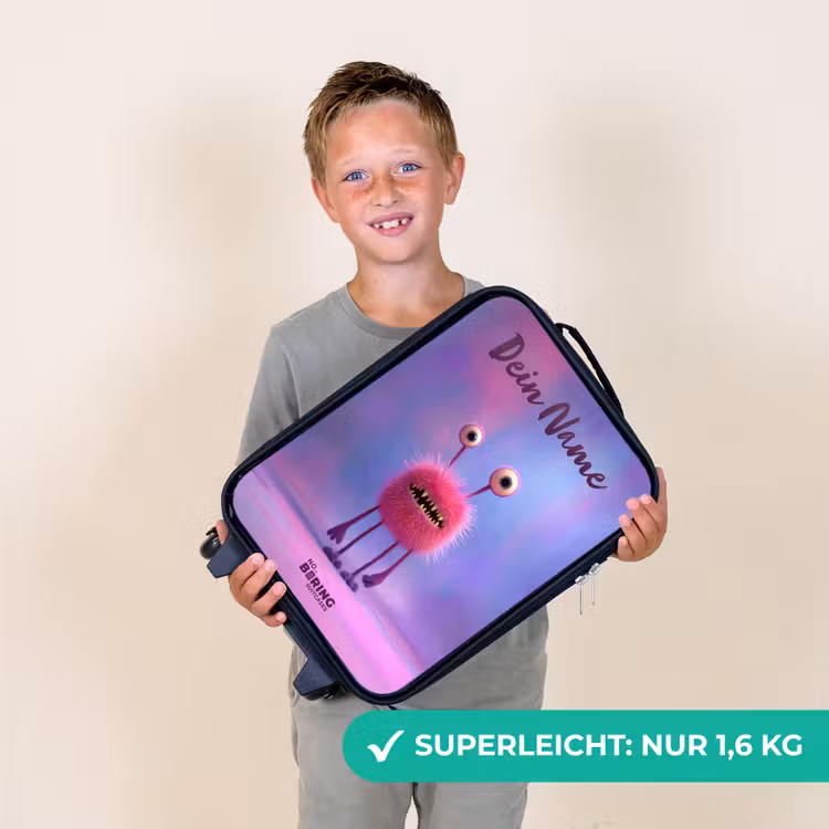 Kinderkoffer mit Name - Rosa pelziges Monster mit großen Augen — 2
