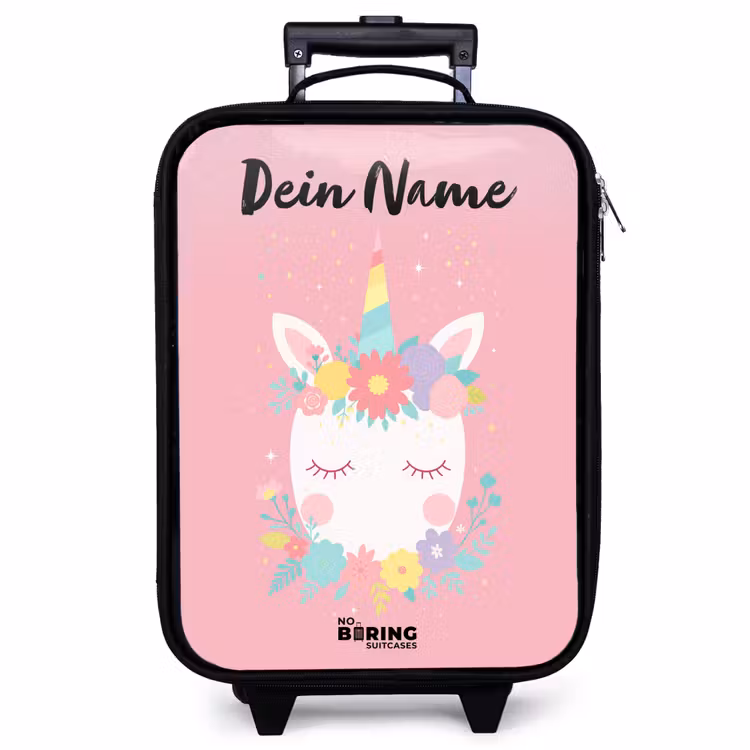 Kinderkoffer mit Name - Einhorn - Blumen - Rosa — 1