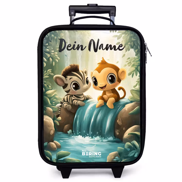 Kinderkoffer mit Name - Zebra - Affe - Wasserfall - Felsen — 1