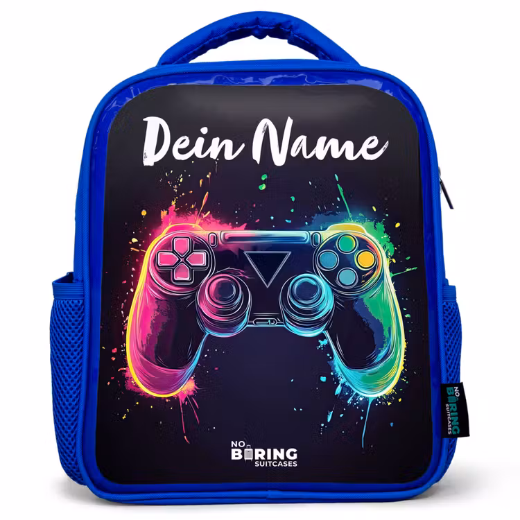 Kinderrucksack mit Namen - Blau - Neon - Controller - Farbspritzer - Spiel — 1