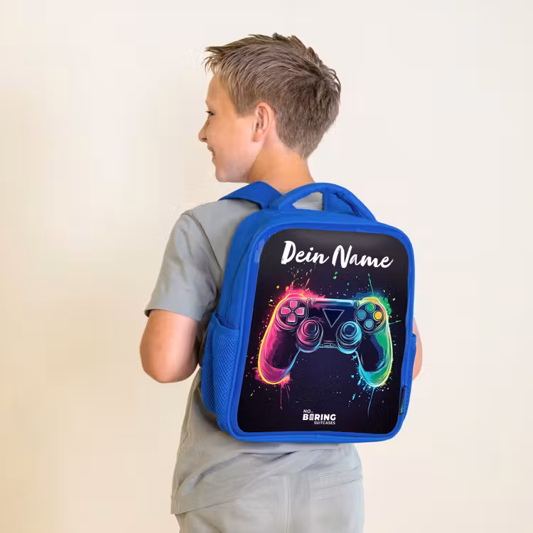 Kinderrucksack mit Namen - Blau - Neon - Controller - Farbspritzer - Spiel — 2