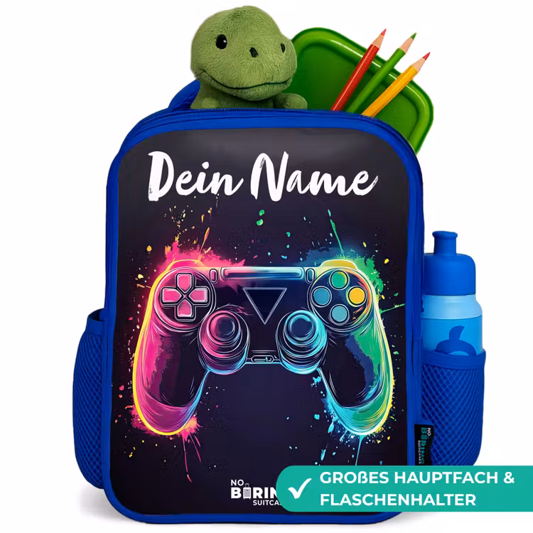 Kinderrucksack mit Namen - Blau - Neon - Controller - Farbspritzer - Spiel — 3