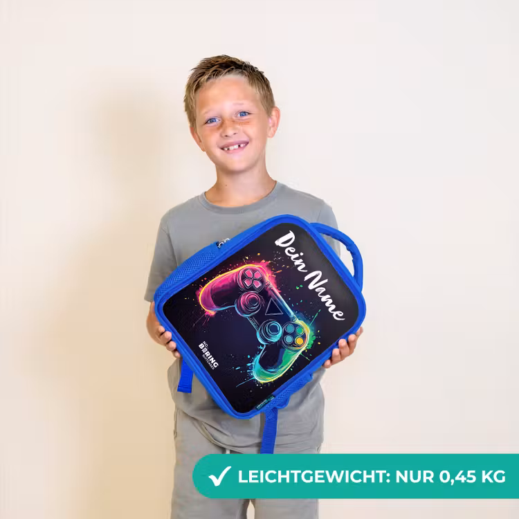 Kinderrucksack mit Namen - Blau - Neon - Controller - Farbspritzer - Spiel — 4