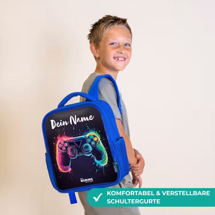 Kinderrucksack mit Namen - Blau - Neon - Controller - Farbspritzer - Spiel — 5