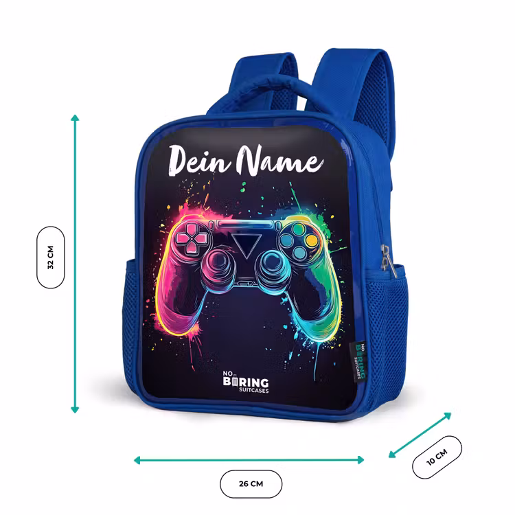 Kinderrucksack mit Namen - Blau - Neon - Controller - Farbspritzer - Spiel — 6