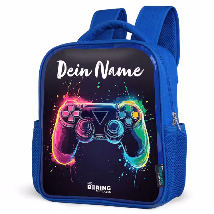Kinderrucksack mit Namen - Blau - Neon - Controller - Farbspritzer - Spiel — 7