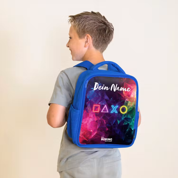 Kinderrucksack mit Namen - Blau - Symbole - Spiel - Farbenfroh — 2