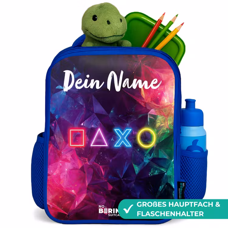 Kinderrucksack mit Namen - Blau - Symbole - Spiel - Farbenfroh — 3