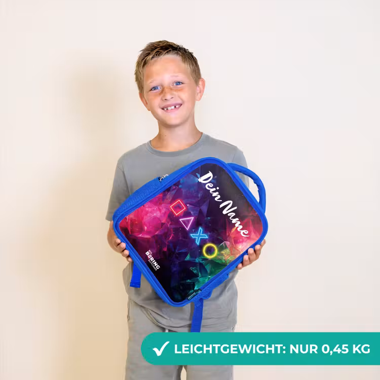 Kinderrucksack mit Namen - Blau - Symbole - Spiel - Farbenfroh — 4