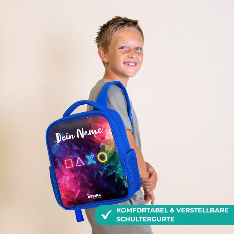 Kinderrucksack mit Namen - Blau - Symbole - Spiel - Farbenfroh — 5