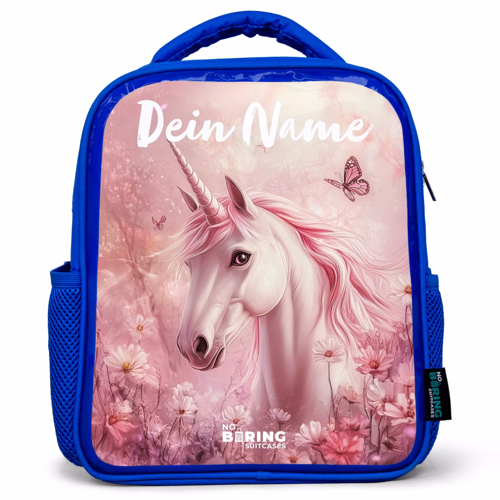 Kinderrucksack mit Namen - Blau - Einhorn - Rosa - Schmetterling - Blumen — 1