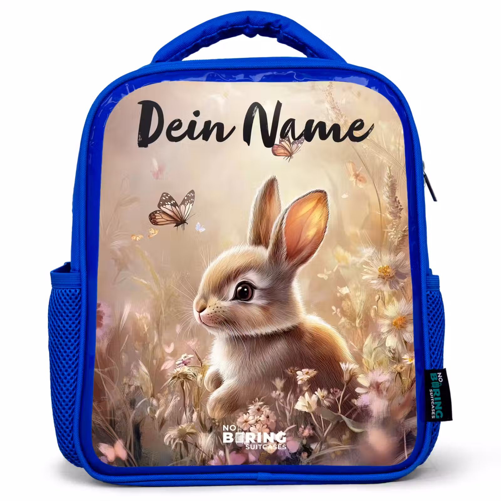 Kinderrucksack mit Namen - Blau - Hase - Braun - Blumen - Schmetterlinge — 1